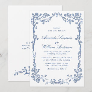 Elegant Baroque Blue French Garden Floral Wedding Kaart