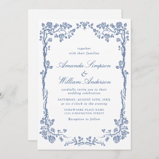 Elegant Baroque Blue French Garden Floral Wedding Kaart (Voorkant / Achterkant)