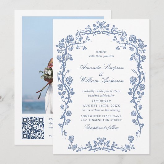 Elegant Baroque Blue French Garden Floral Wedding Kaart (Voorkant / Achterkant)