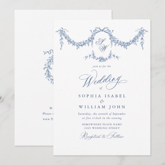 Elegant Baroque Blue French Garden Floral Wedding Kaart (Voorkant / Achterkant)