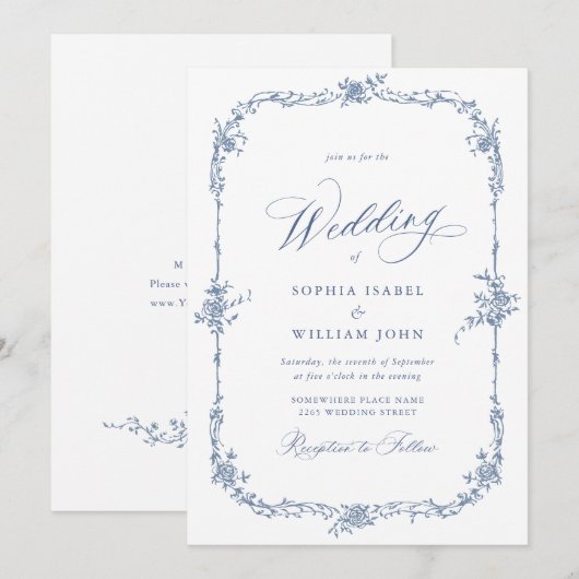 Elegant Baroque Blue French Garden Floral Wedding Kaart (Voorkant / Achterkant)