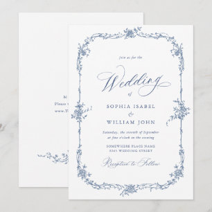 Elegant Baroque Blue French Garden Floral Wedding Kaart