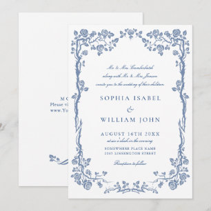 Elegant Baroque Blue French Garden Floral Wedding Kaart