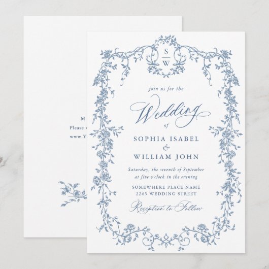 Elegant Baroque Blue French Garden Floral Wedding Kaart (Voorkant / Achterkant)