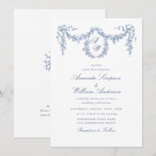 Elegant Baroque Blue French Garden Floral Wedding Kaart (Voorkant / Achterkant)