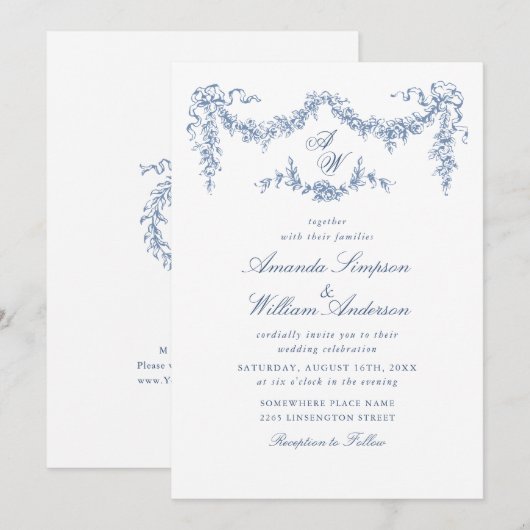 Elegant Baroque Blue French Garden Floral Wedding Kaart (Voorkant / Achterkant)