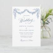 Elegant Baroque Blue French Garden Floral Wedding Kaart (Staand voorkant)