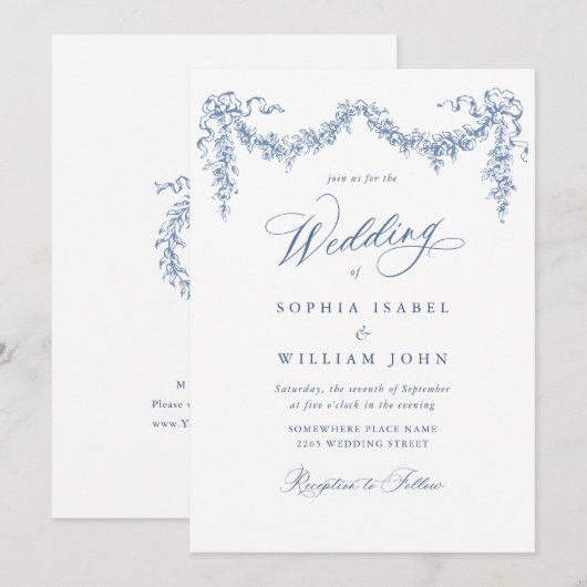 Elegant Baroque Blue French Garden Floral Wedding Kaart (Voorkant / Achterkant)