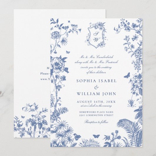 Elegant Baroque Blue French Garden Floral Wedding Kaart (Voorkant / Achterkant)
