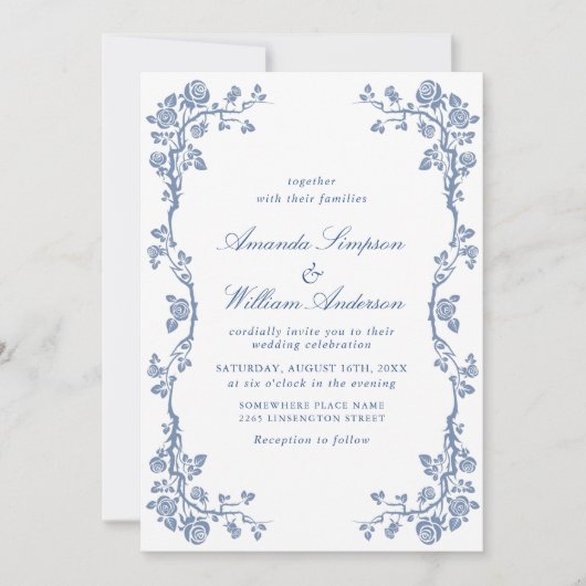 Elegant Baroque Blue French Garden Floral Wedding Kaart (Voorkant)