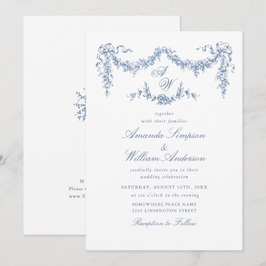 Elegant Baroque Blue French Garden Floral Wedding Kaart (Voorkant / Achterkant)