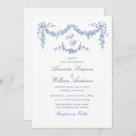 Elegant Baroque Blue French Garden Floral Wedding Kaart
