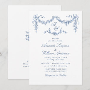Elegant Baroque Blue French Garden Floral Wedding Kaart