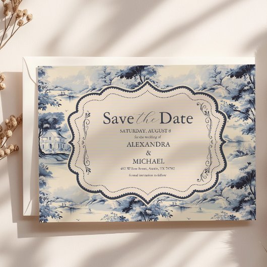 Elegant Baroque Blue French Garden Floral Wedding Save The Date
