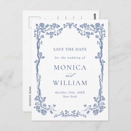 Elegant Baroque Blue Rozen Wedding Save the Date Briefkaart (Voorkant / Achterkant)