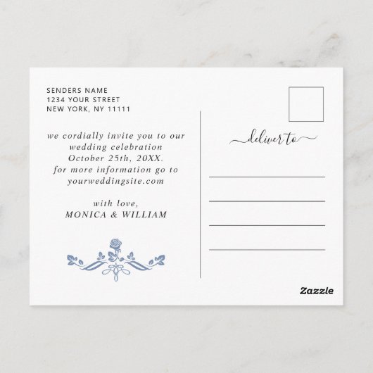 Elegant Baroque Blue Rozen Wedding Save the Date Briefkaart (Achterkant)