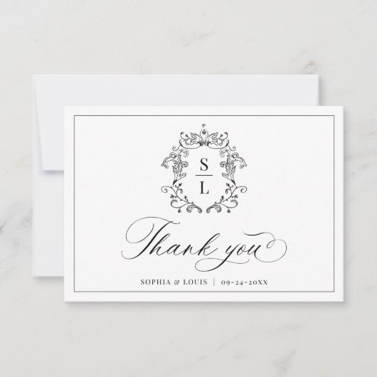 Elegant Baroque Crest Monogram Weddenschap Bedankkaart (Voorkant)