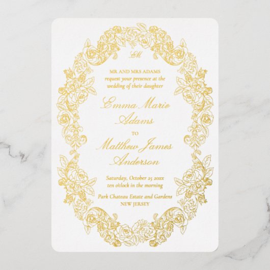 Elegant Baroque Crest Monogram Weddenschap Folie Uitnodiging (Voorkant)