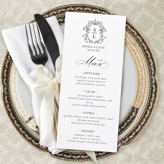 Elegant Baroque Crest Monogram Weddenschap Menu