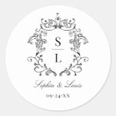 Elegant Baroque Crest Monogram Weddenschap Ronde Sticker (Voorkant)