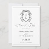 Elegant Baroque Crest Monogram Weddenschap Save The Date (Voorkant)