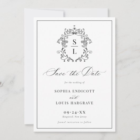 Elegant Baroque Crest Monogram Weddenschap Save The Date (Voorkant)