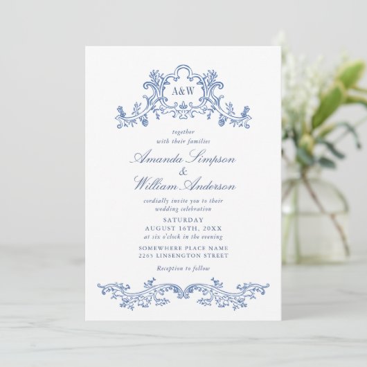 Elegant Baroque Dusty Blue Classy Lijst Wedding Kaart (Staand voorkant)