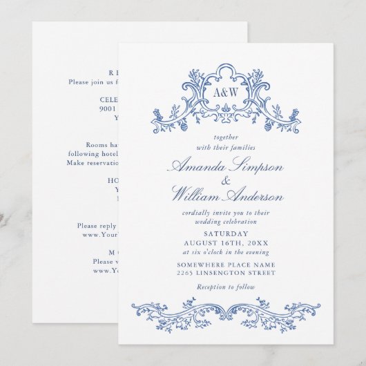 Elegant Baroque Dusty Blue Classy Lijst Wedding Kaart (Voorkant / Achterkant)