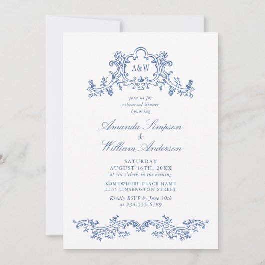 Elegant Baroque Dusty Blue Classy Rehearsal Dinner Kaart (Voorkant)