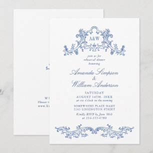 Elegant Baroque Dusty Blue Classy Rehearsal Dinner Kaart