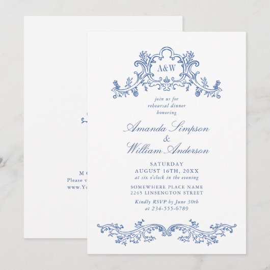 Elegant Baroque Dusty Blue Classy Rehearsal Dinner Kaart (Voorkant / Achterkant)