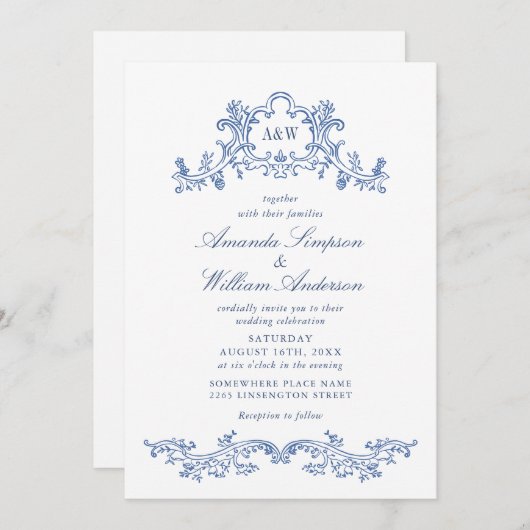 Elegant Baroque Dusty Blue Classy Wedding Kaart (Voorkant / Achterkant)