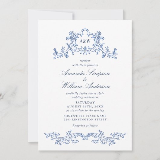 Elegant Baroque Dusty Blue Classy Wedding QR code Kaart (Voorkant)
