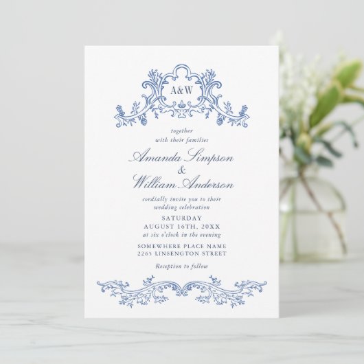 Elegant Baroque Dusty Blue Classy Wedding QR code Kaart (Staand voorkant)
