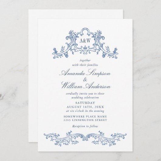 Elegant Baroque Dusty Blue Classy Wedding QR code Kaart (Voorkant / Achterkant)
