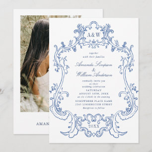 Elegant Baroque Dusty Blue Lijst Foto bruiloft Kaart