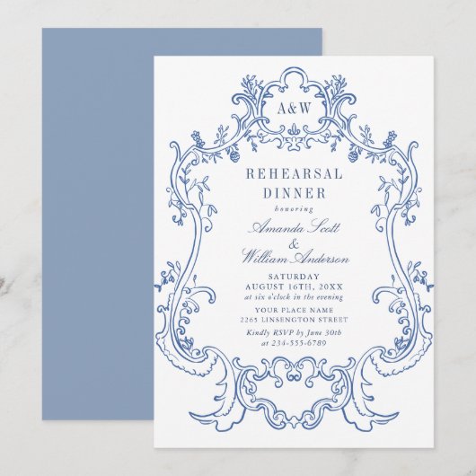 Elegant Baroque Dusty Blue Lijst Rehearsal Dinner Kaart (Voorkant / Achterkant)