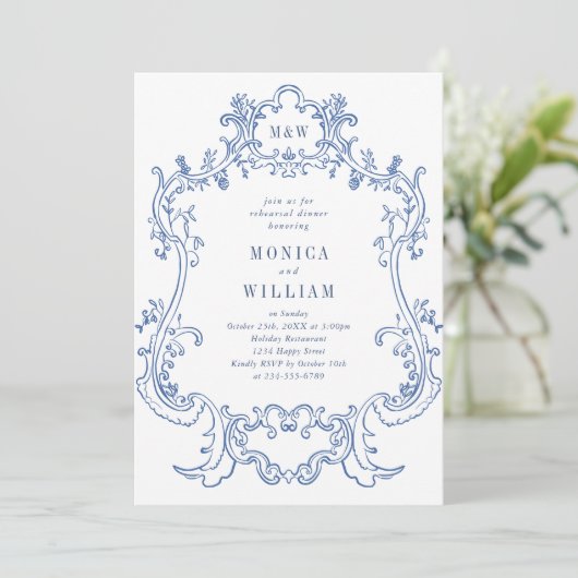 Elegant Baroque Dusty Blue Lijst Rehearsal Dinner Kaart (Staand voorkant)