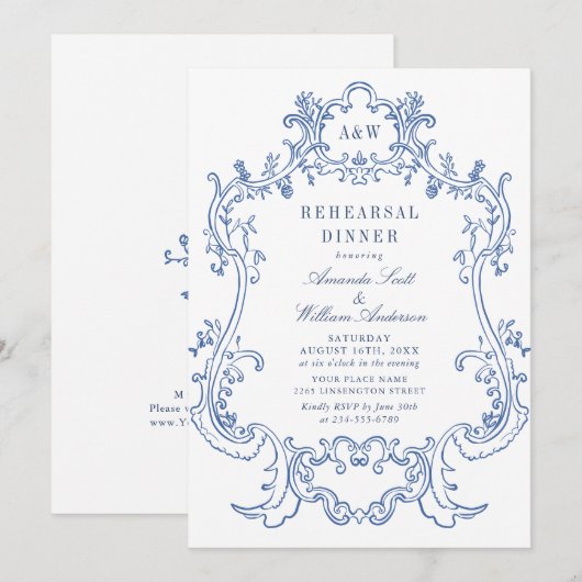 Elegant Baroque Dusty Blue Lijst Rehearsal Dinner Kaart (Voorkant / Achterkant)