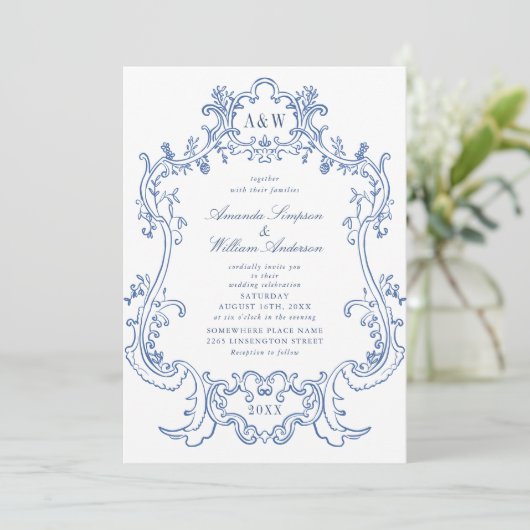 Elegant Baroque Dusty Blue  Lijst Wedding Kaart (Staand voorkant)