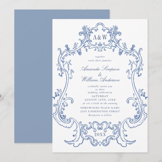Elegant Baroque Dusty Blue  Lijst Wedding Kaart (Voorkant / Achterkant)