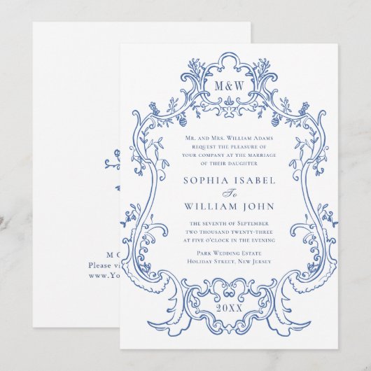 Elegant Baroque Dusty Blue  Lijst Wedding Kaart (Voorkant / Achterkant)
