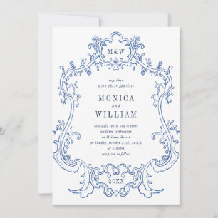 Elegant Baroque Dusty Blue Lijst Wedding QR code Kaart