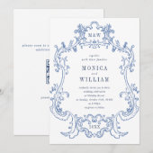 Elegant Baroque Dusty Blue Lijst Wedding QR code Kaart (Voorkant / Achterkant)