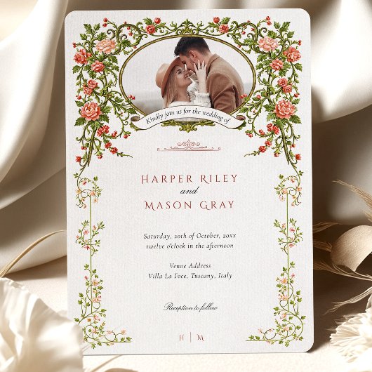 Elegant Baroque Gold Floral Photo Wedding Kaart