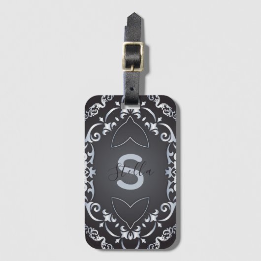 Elegant Baroque Luxury Chic Black & Silver Border Bagagelabel (Voorkant (verticaal))