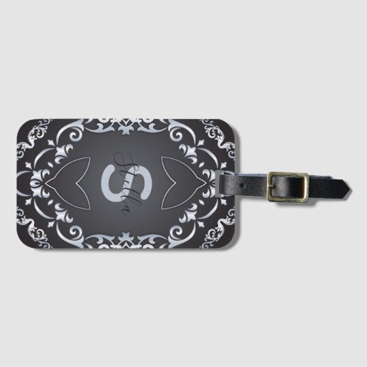 Elegant Baroque Luxury Chic Black & Silver Border Bagagelabel (Voorkant (horizontaal))