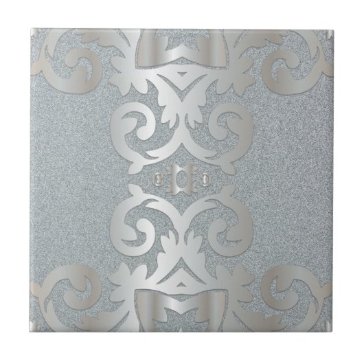 Elegant  Baroque Shiny Silver Damask Tegeltje (Voorkant)
