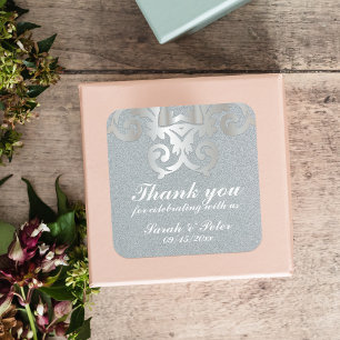 Elegant  Baroque Silver Damask Wedding Vierkante Sticker