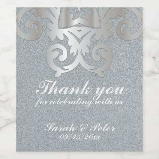 Elegant  Baroque Silver Damask Wedding Wijn Etiket (Enkel label)